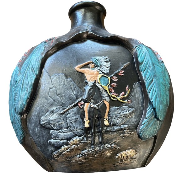 Vintage Native American Folk  Art Hand Painted Provincial Mold Ceramic‎ Decanter - Picture 3 of 14